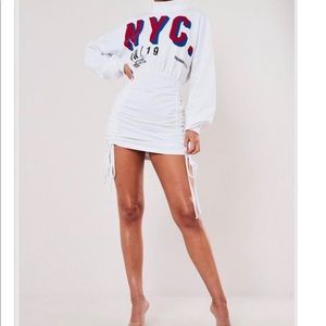 white nyc slogan high neck ruched sweater dress